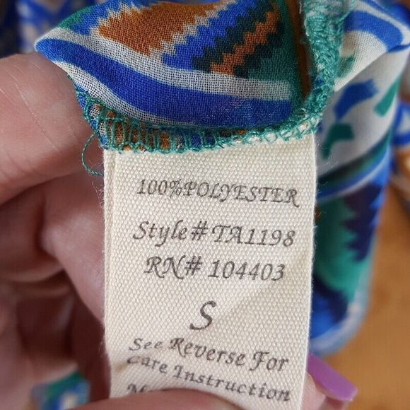 MINE Womens Top Small Blue Pullover Tie Bottom Lightweight Blouse Aztec - Picture 3 of 8